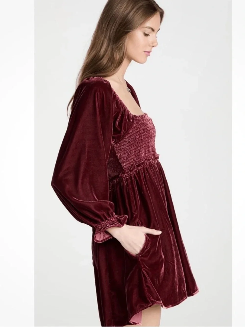 Free People Daphne‎ Velvet Mini Dress Open Lace-up Back, Deep Red, Maroon, Small